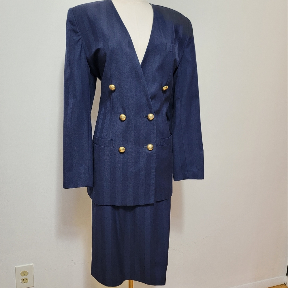 Vintage 80's Retro Double Breasted Navy Blue Marine Style Skirt Suit Corpcore